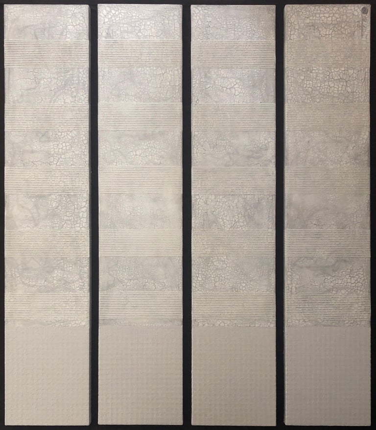 White Raised Texture Monochrome Minimalist Abstract Painting 4 Canvases 60"x12" - Mixed Media Art by Svetlana Shalygina