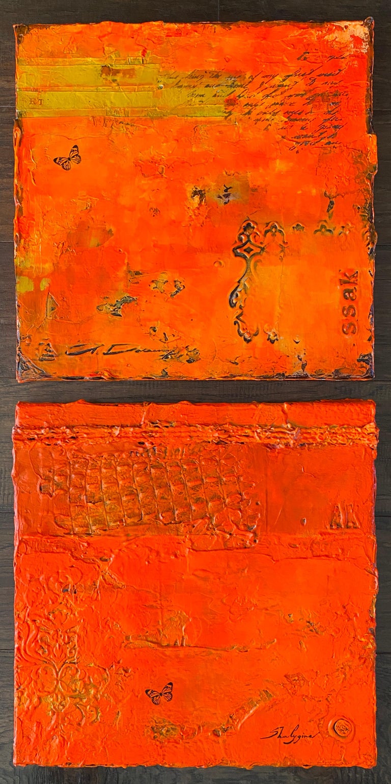 Fiery Red Orange Minimalism Contemporary Textural Abstract Mixed Media 16x16 For Sale 3