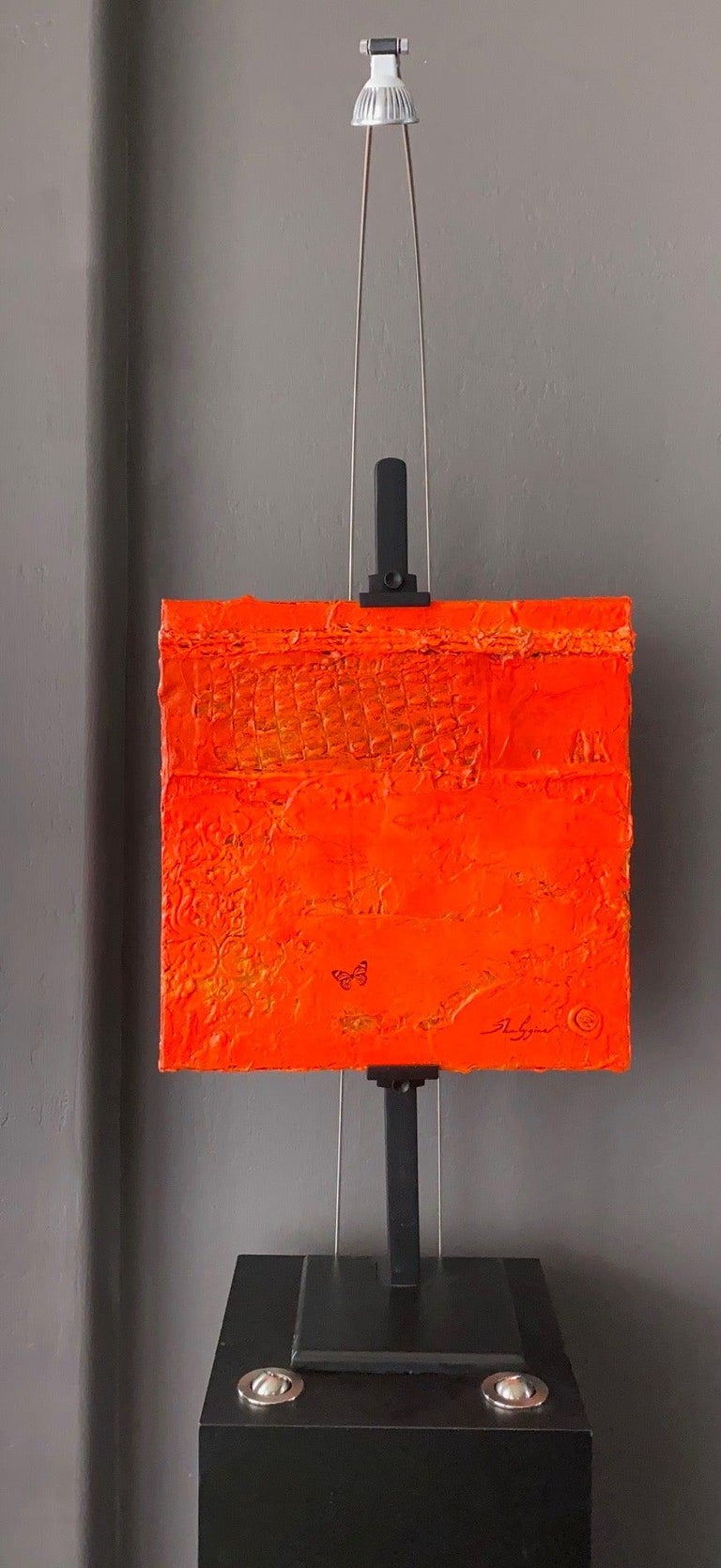 Fiery Red Orange Minimalism Contemporary Textural Abstract Mixed Media 16x16 - Painting by Svetlana Shalygina