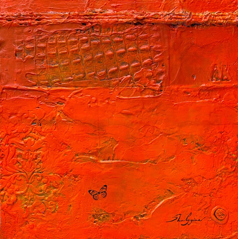 Svetlana Shalygina Abstract Painting - Fiery Red Orange Minimalism Contemporary Textural Abstract Mixed Media 16x16