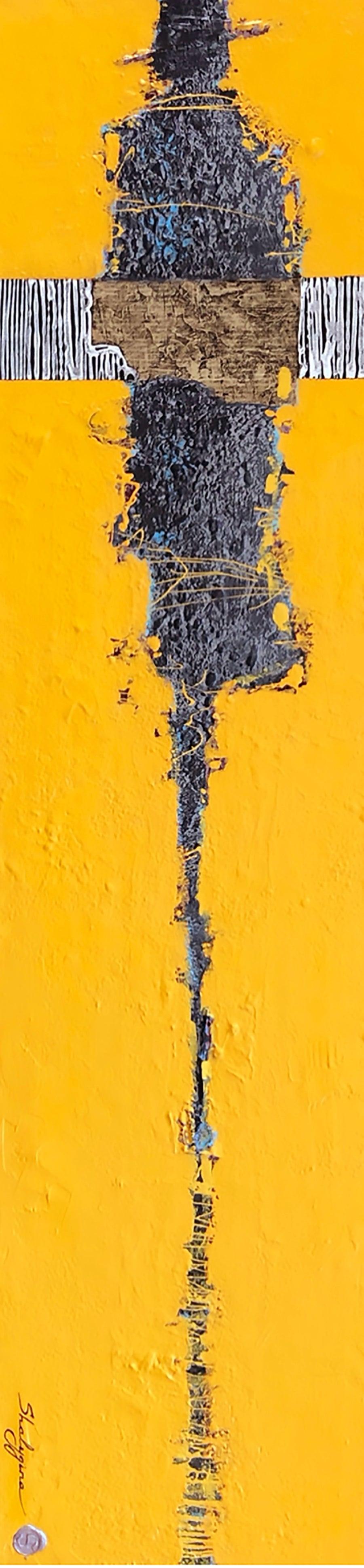Yellow Grey Figure Contemporary Figurative Abstract Painting Mixed Media 48x12