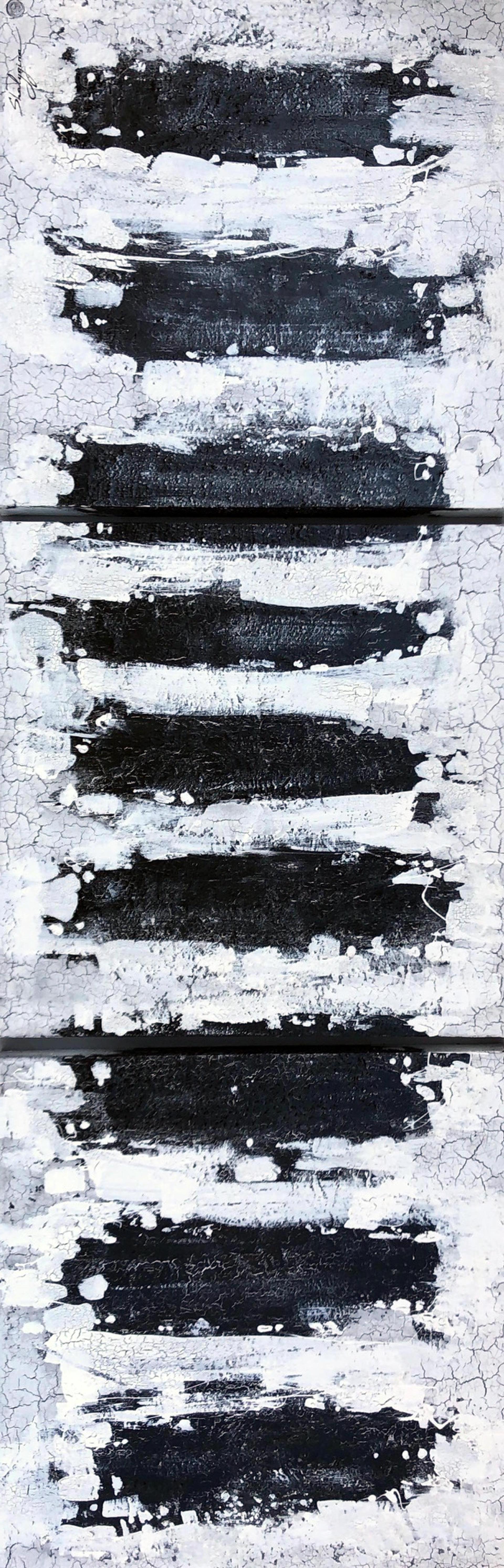Geometric Black White Contemporary Textured Abstract Painting Triptych 30"x90"