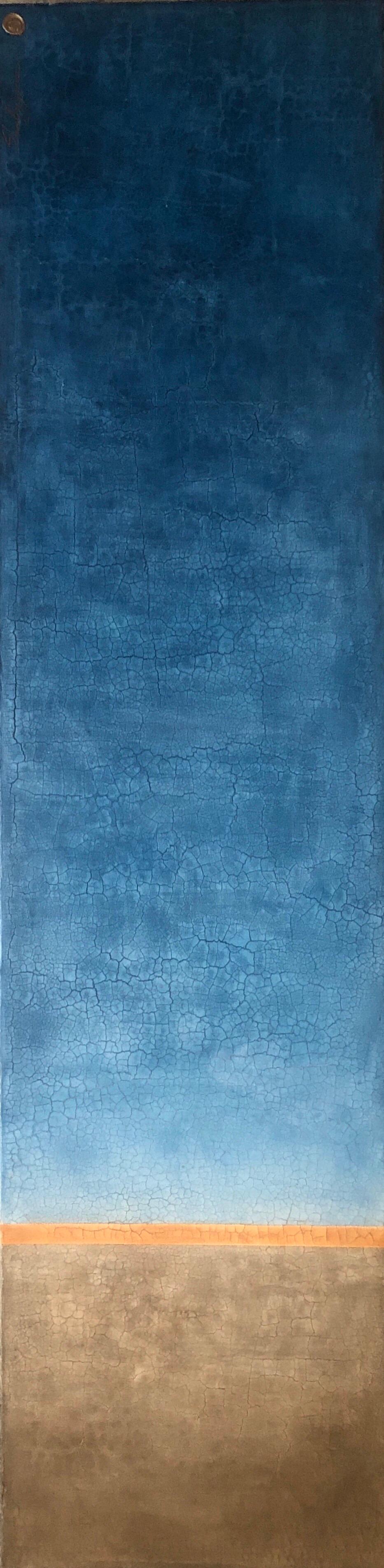 Svetlana Shalygina Abstract Painting - Blue Orange Raw Amber Hues Minimalist Contemporary Mixed Media Painting 72"x18"