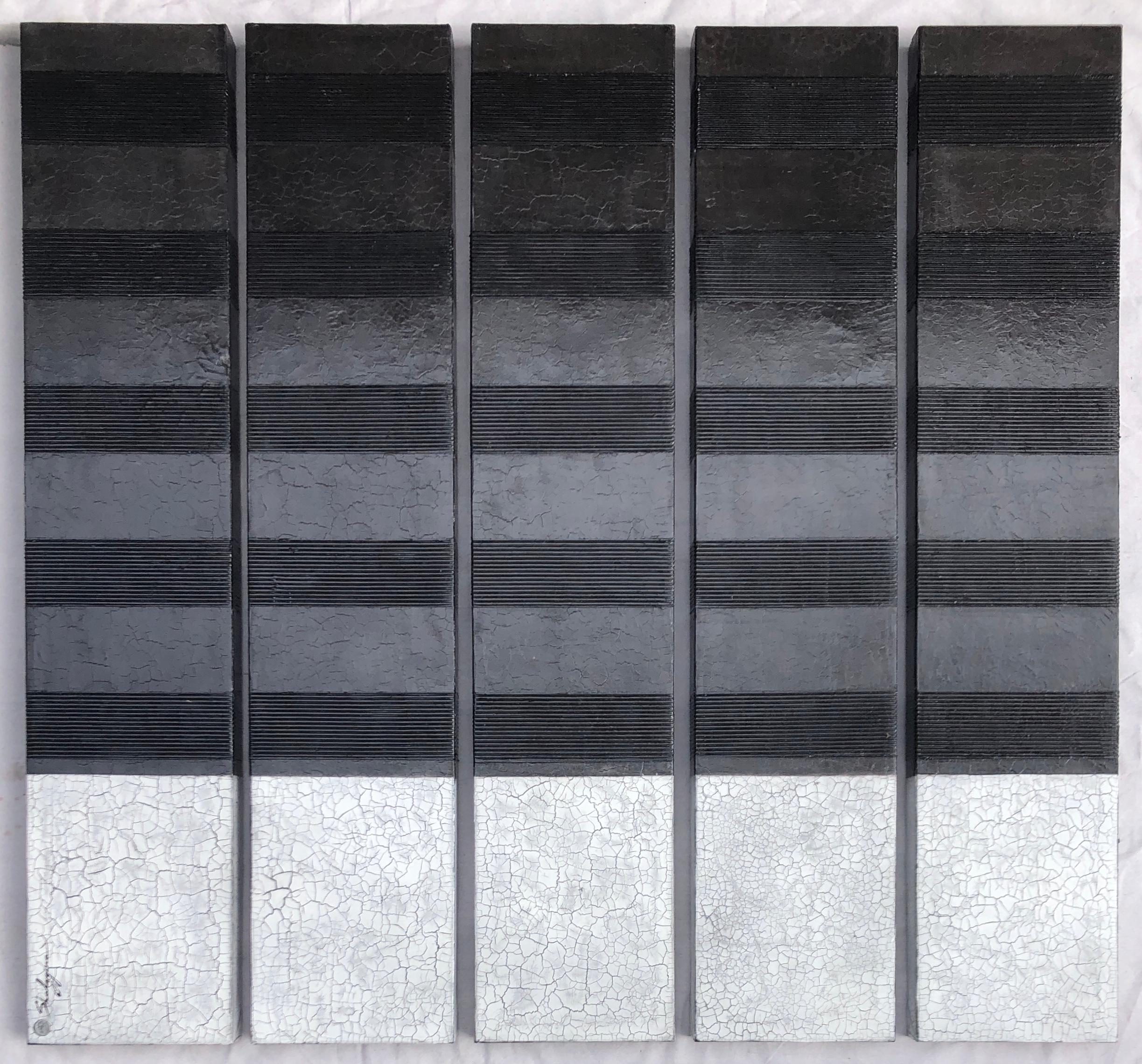 "The Theory of Light Frequencies" series #5 is a one-of-a-kind contemporary black (charcoal) & white (light grey) abstract painting by Svetlana Shalygina, with black raised linear design breaking up the two sections. This textural set is comprised