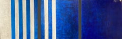 Abstract Blue White Large Minimalist Modern Contemporary Painting 30x30 Triptych