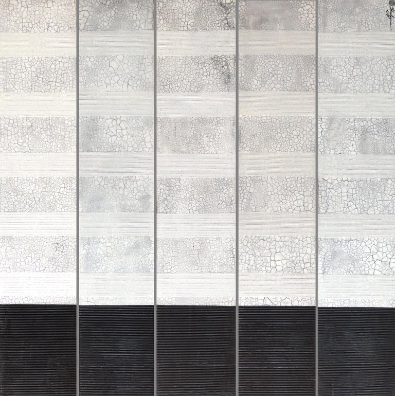Large Black White Textured Minimalist Contemporary Abstract 5 Canvases 60"x12" - Mixed Media Art by Svetlana Shalygina