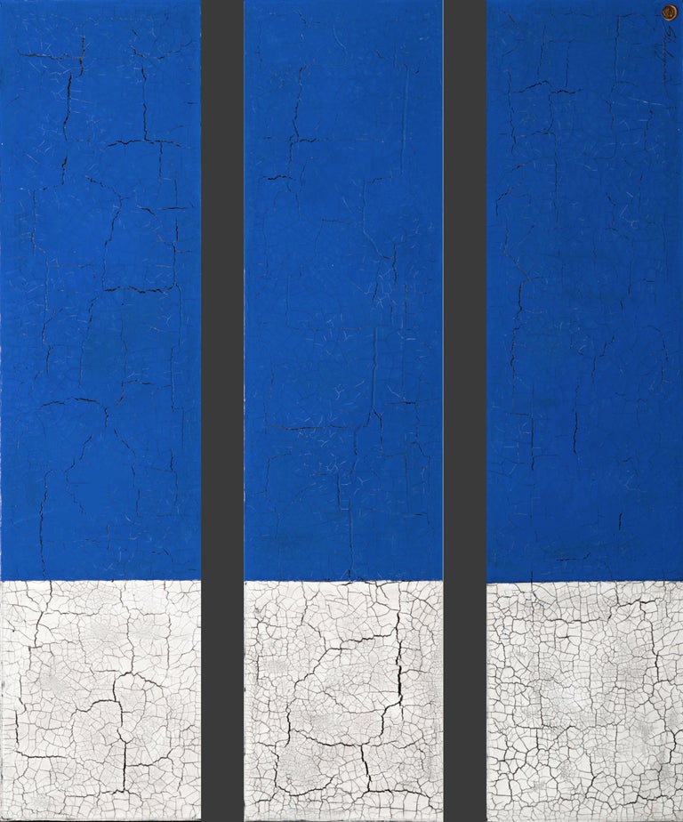 Blue White Abstract Contemporary Minimalist Textured Painting 48"x36" Triptych  - Mixed Media Art by Svetlana Shalygina