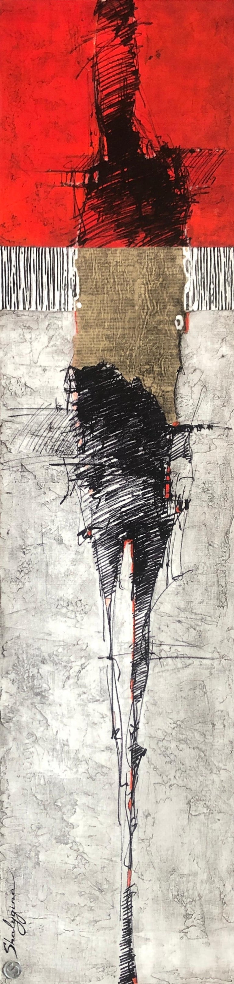 Svetlana Shalygina Abstract Painting - Orange Red Gray Abstract Figure Drawing Contemporary Figurative Painting 48x12