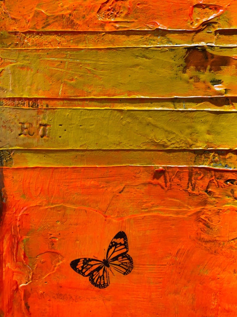 Original Minimalist Orange Red Yellow Contemporary Abstract Mixed Media 16x16 - Gray Abstract Painting by Svetlana Shalygina