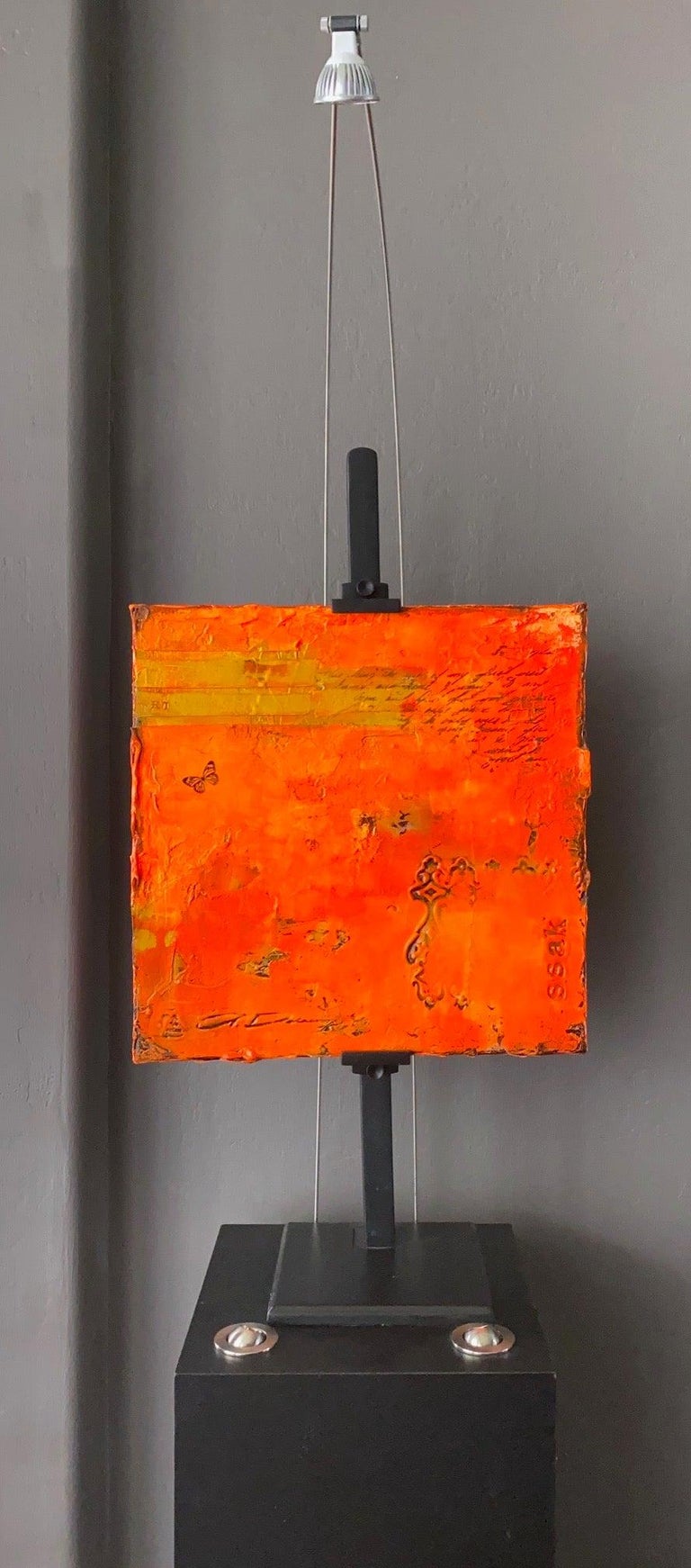 Original Minimalist Orange Red Yellow Contemporary Abstract Mixed Media 16x16 - Painting by Svetlana Shalygina