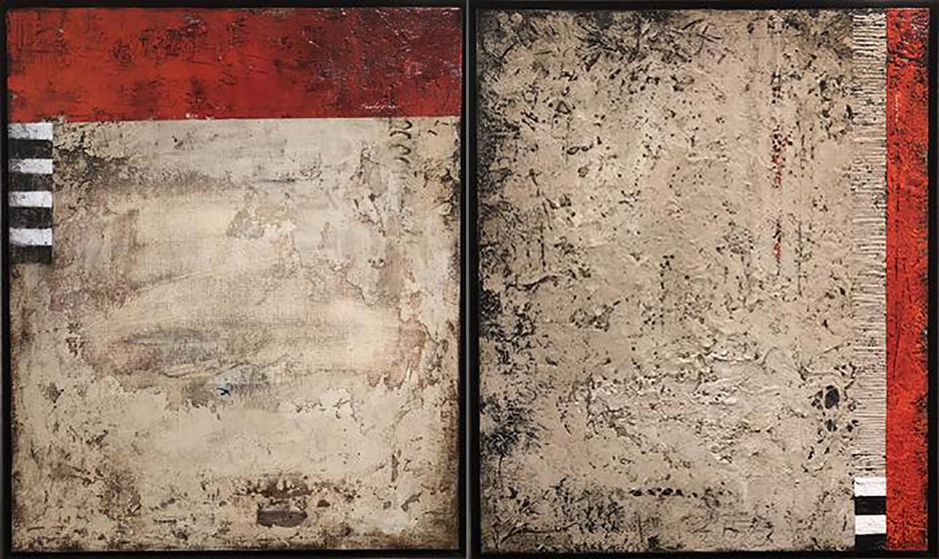 Original modern abstract diptych, red & beige neutral palette / mixed media 