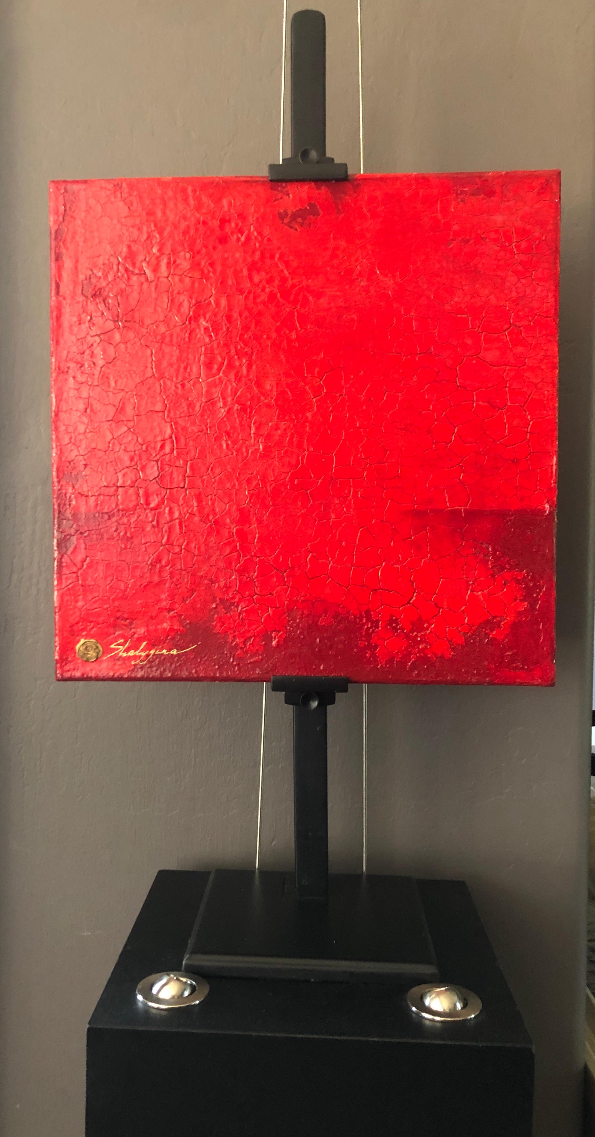 Modernes zeitgenössisches abstraktes Gemälde in Rot, monochrom, minimalistisch, 16x16  (Abstrakt), Painting, von Svetlana Shalygina