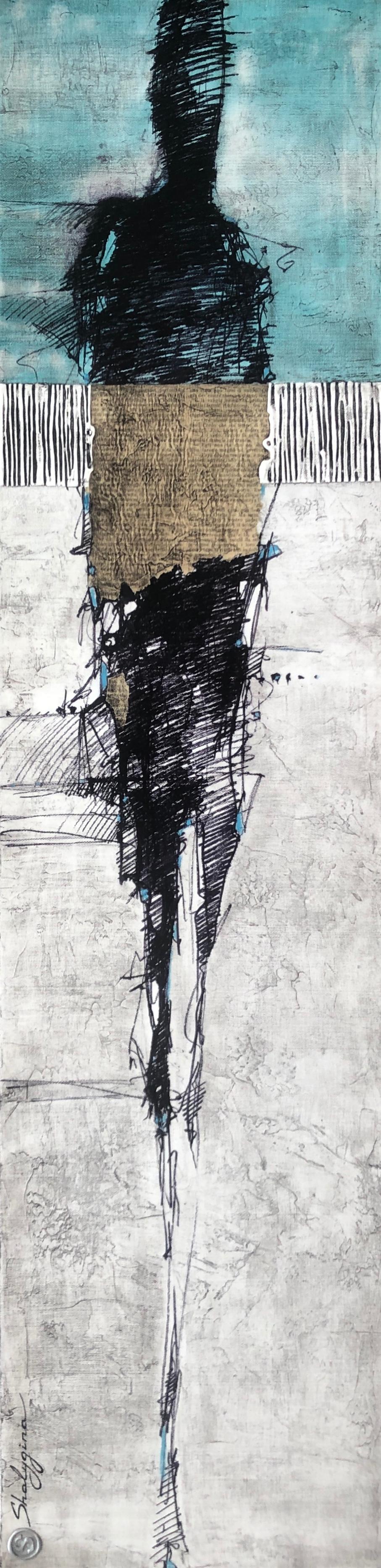 Turquoise Gray Abstract Figure Drawing Modern Contemporary Painting 48"x12" 