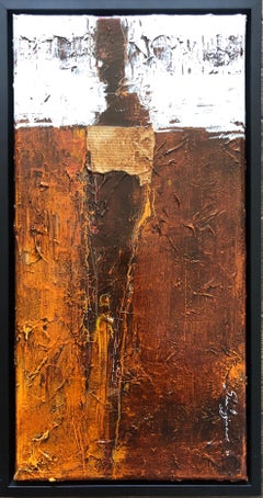 Original Weathered Rustic Brown Orange White Abstract Figurative 24x12 Framed