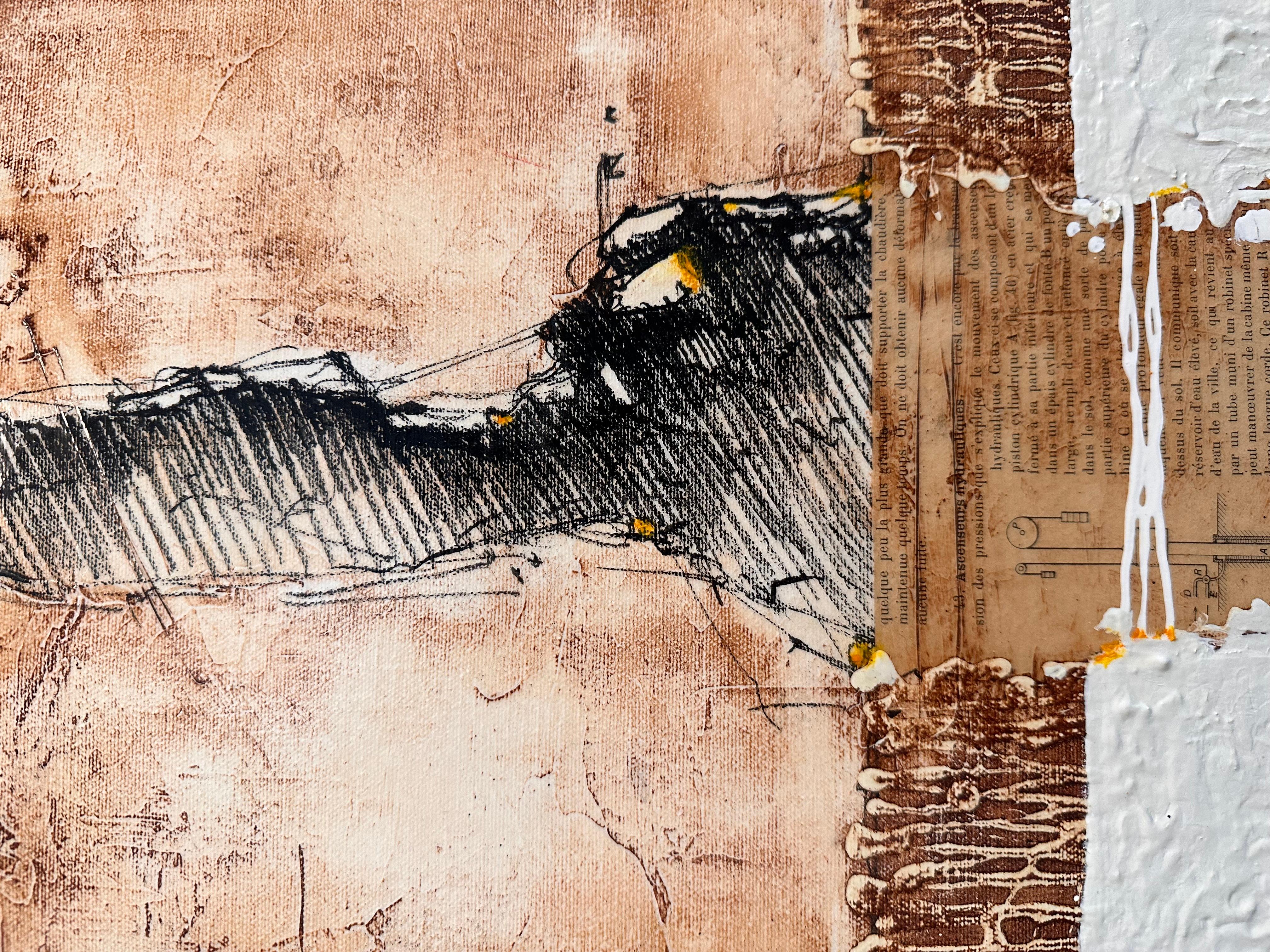 Une peinture unique de Svetlana Shalygina, composée de blanc, de violet et de brun. 
Elle incarne ses figures abstraites caractéristiques sur un fond jaune/gris vibrant, combinées à une gamme unique de traits, de textures et de textes