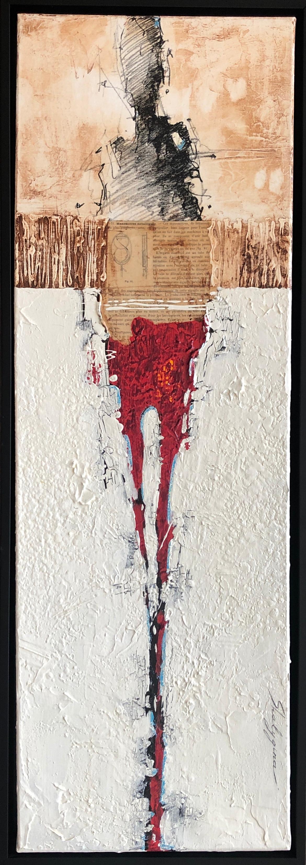 Figurative Abstract White Red Figure Weathered Contemporary Mixed Media 36x12 