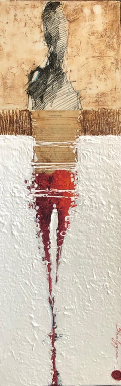 Red Orange White Original Contemporary Abstract Figurative Painting 36x12 Framed