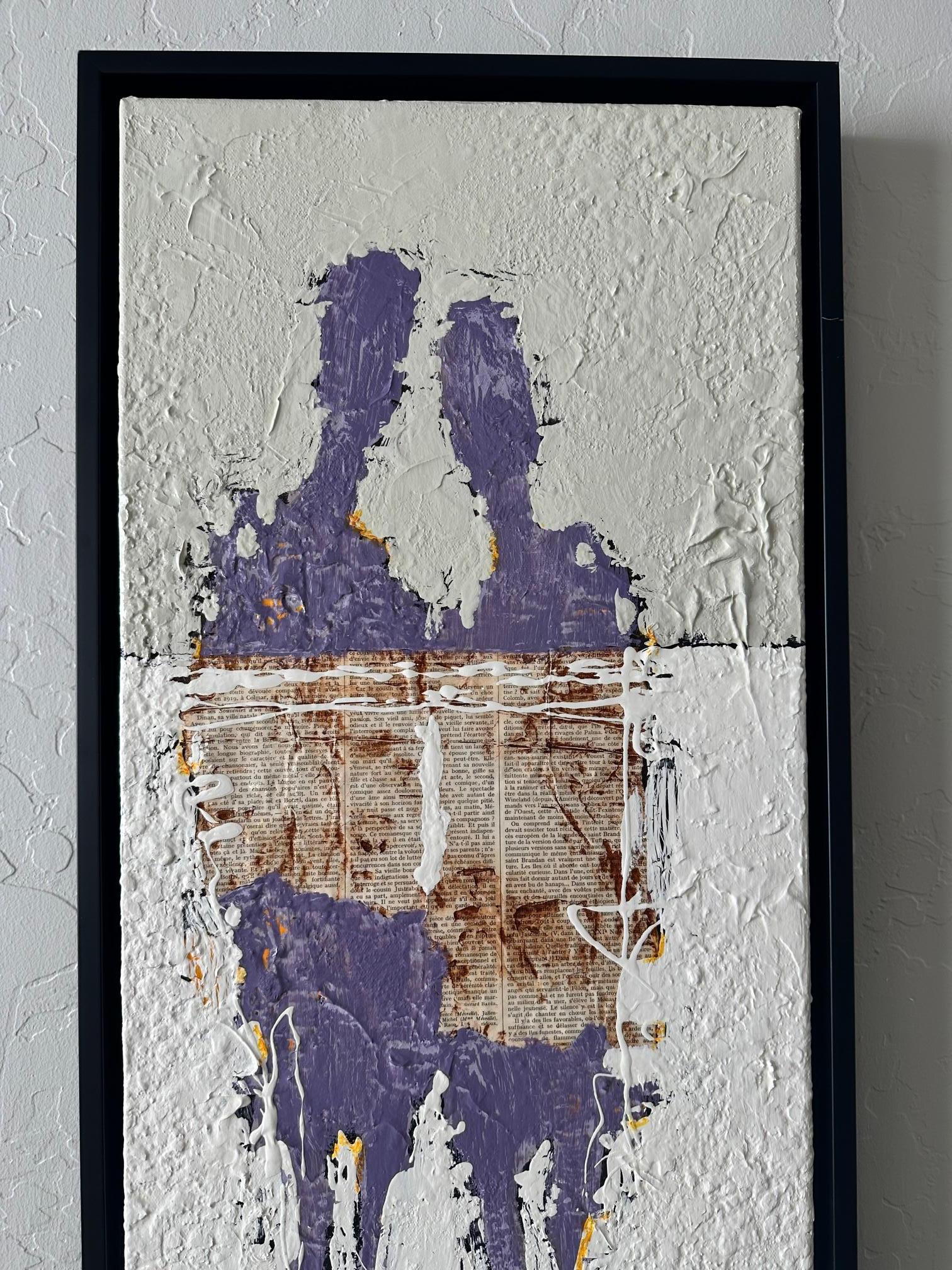 Textured abstract figurative couple original mixed media, purple & white, modern - Painting by Svetlana Shalygina