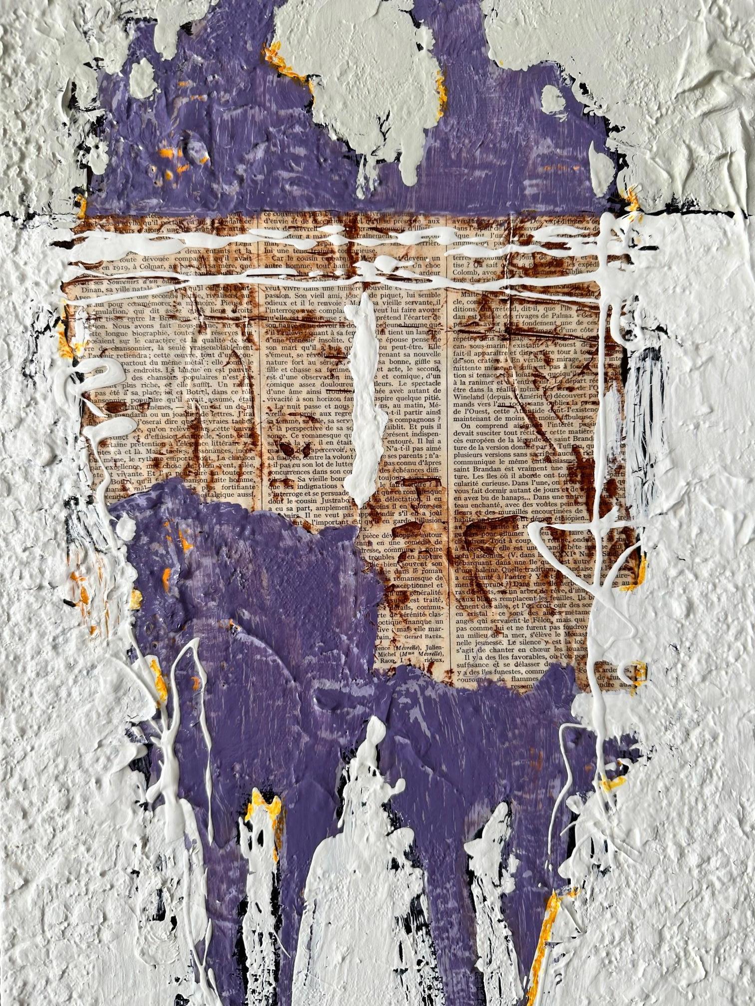 couple figuratif abstrait texturé, technique mixte originale, violet et blanc, moderne - Beige Figurative Painting par Svetlana Shalygina