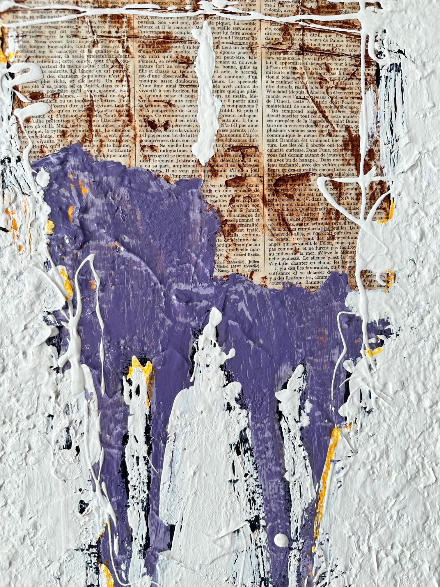Coppia figurativa astratta strutturata, tecnica mista originale, viola e bianco, moderna in vendita 1