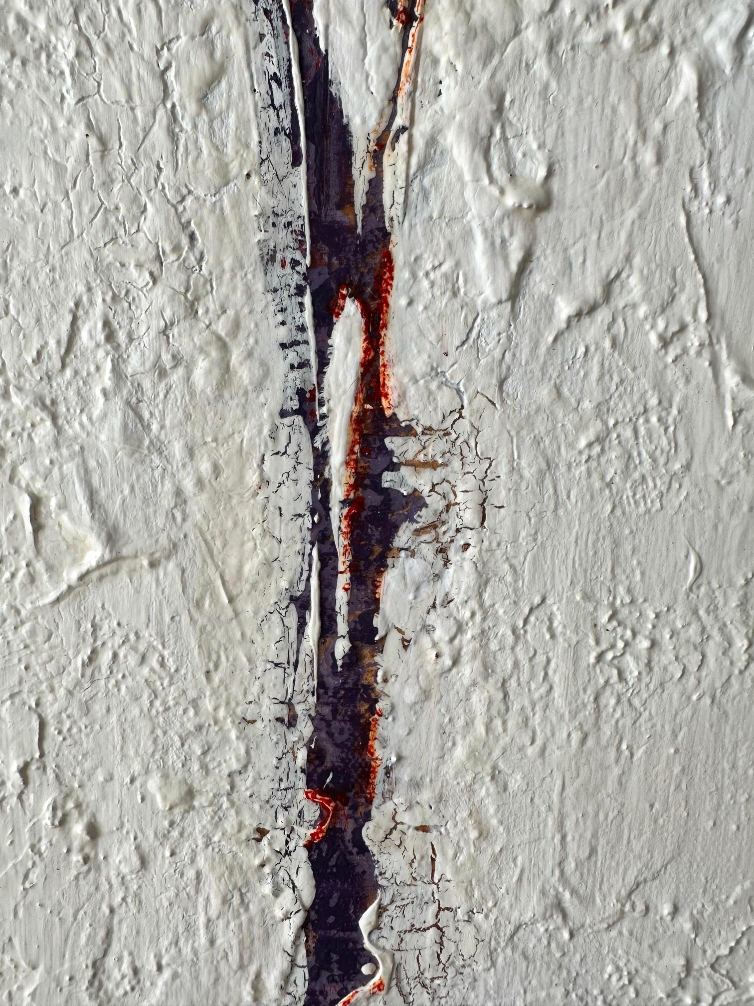 A unique figurative abstract of a couple made using vibrant white, purple and tan to create a bold original modern work of art. There is a unique range of expressionistic strokes, textures and text incorporated in this Contemporary painting by