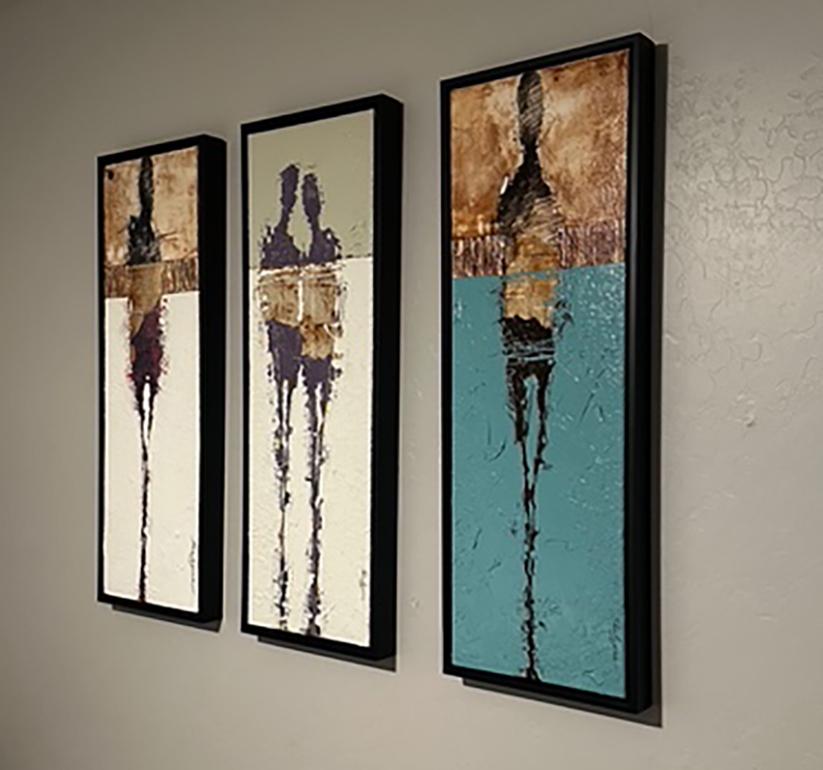 Coppia figurativa astratta strutturata, tecnica mista originale, viola e bianco, moderna in vendita 3