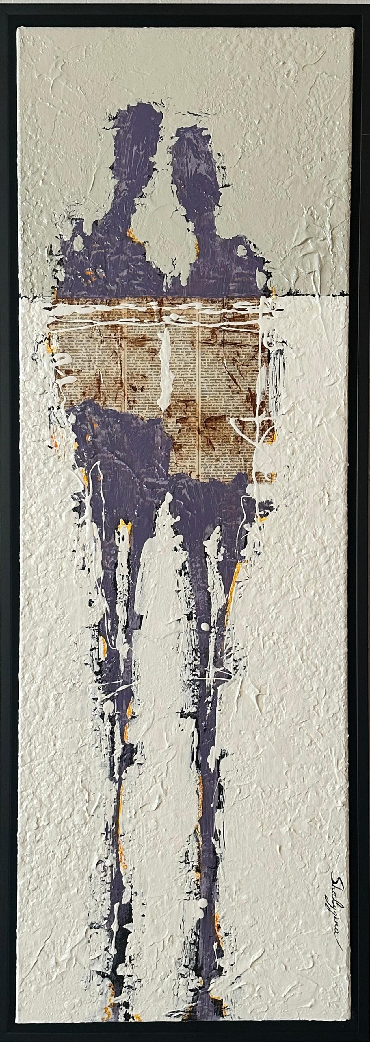 couple figuratif abstrait texturé, technique mixte originale, violet et blanc, moderne