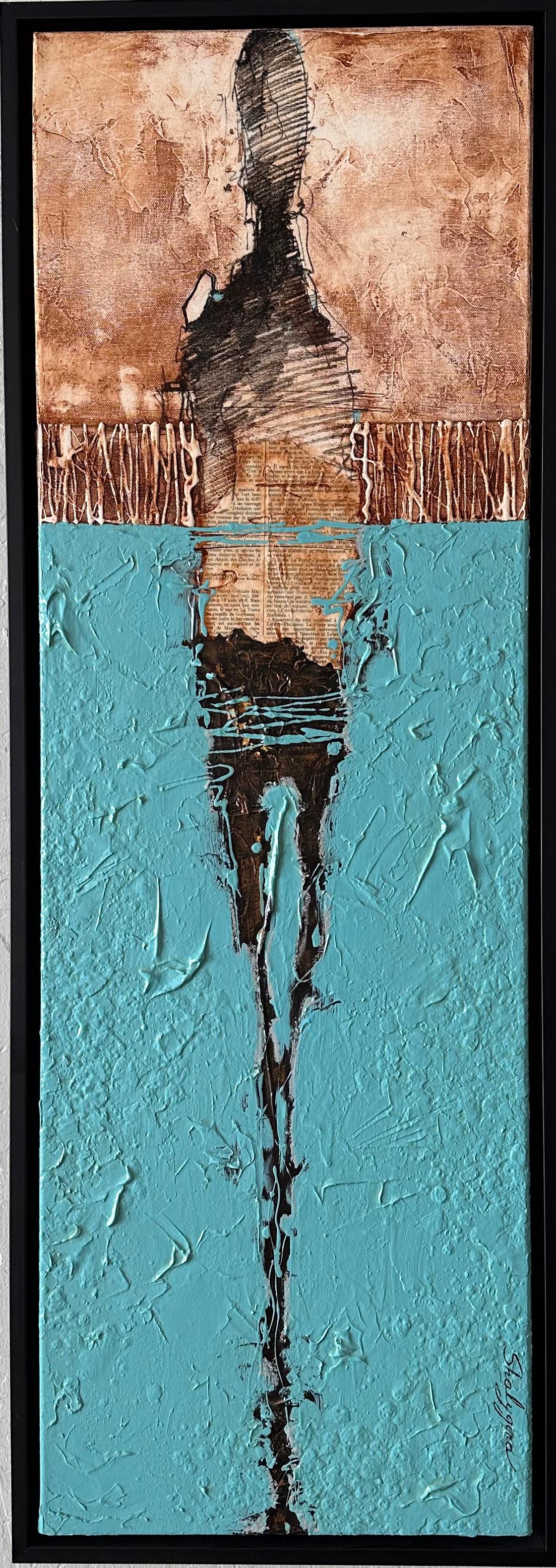 Svetlana Shalygina Figurative Painting – Texturierte, abstrakte, figurative Original-Mischtechnik, leuchtendes Teal/Weiß/Braun)