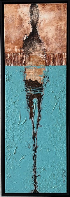 Textured abstract figurative original mixed media, vibrant teal/white/brown)