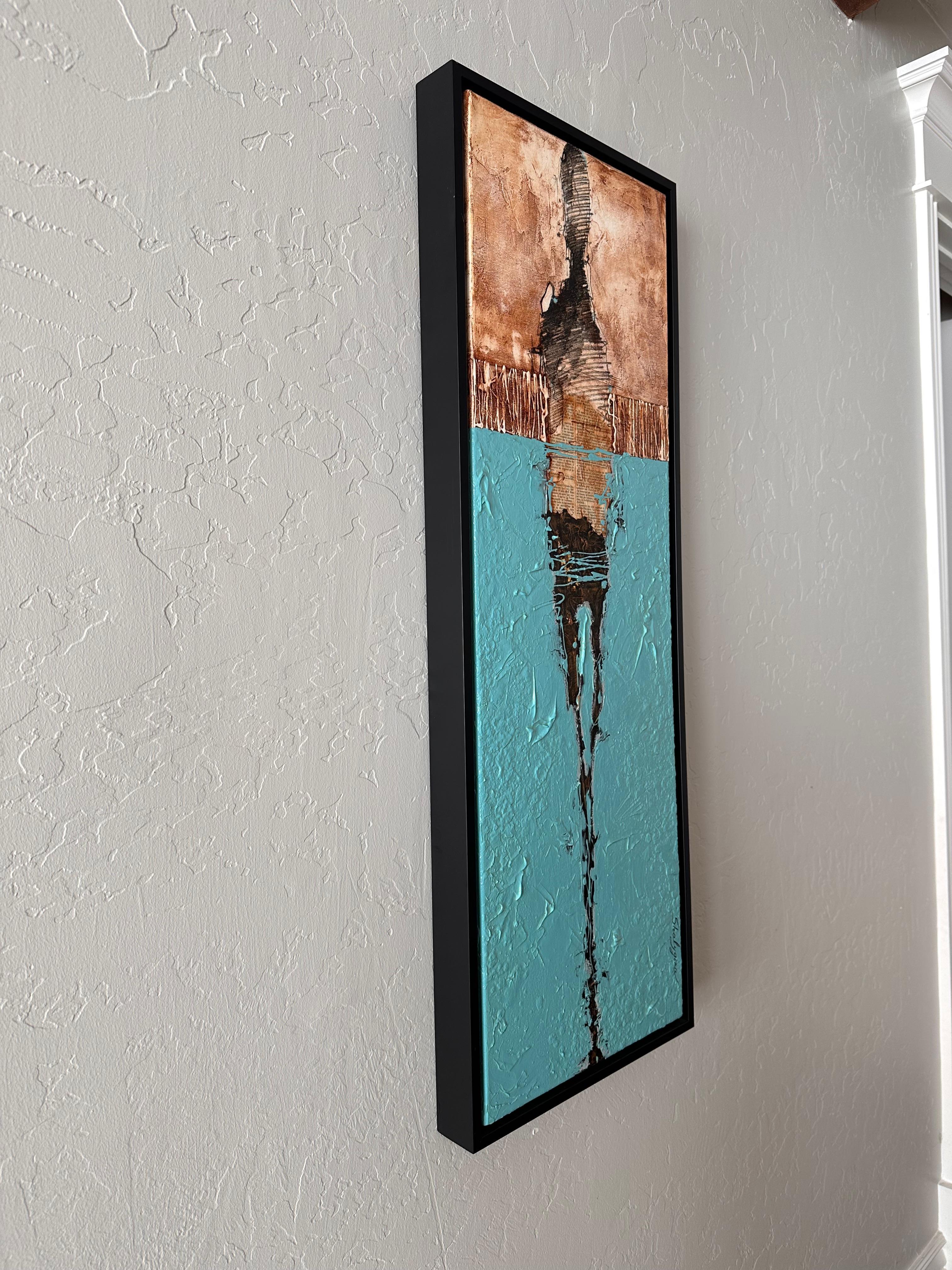 A unique figurative abstract, vibrant textured brown & teal create a bold original work of art. There is a unique range of expressionistic strokes, textures and text incorporated in this Contemporary painting by Svetlana Shalygina. Framed in a black
