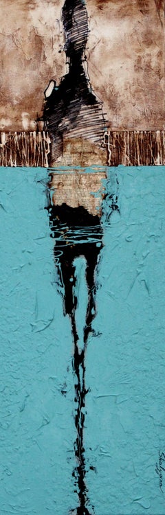 Texture abstraite figurative originale mixed media, sarcelle vibrante/blanc/brun)