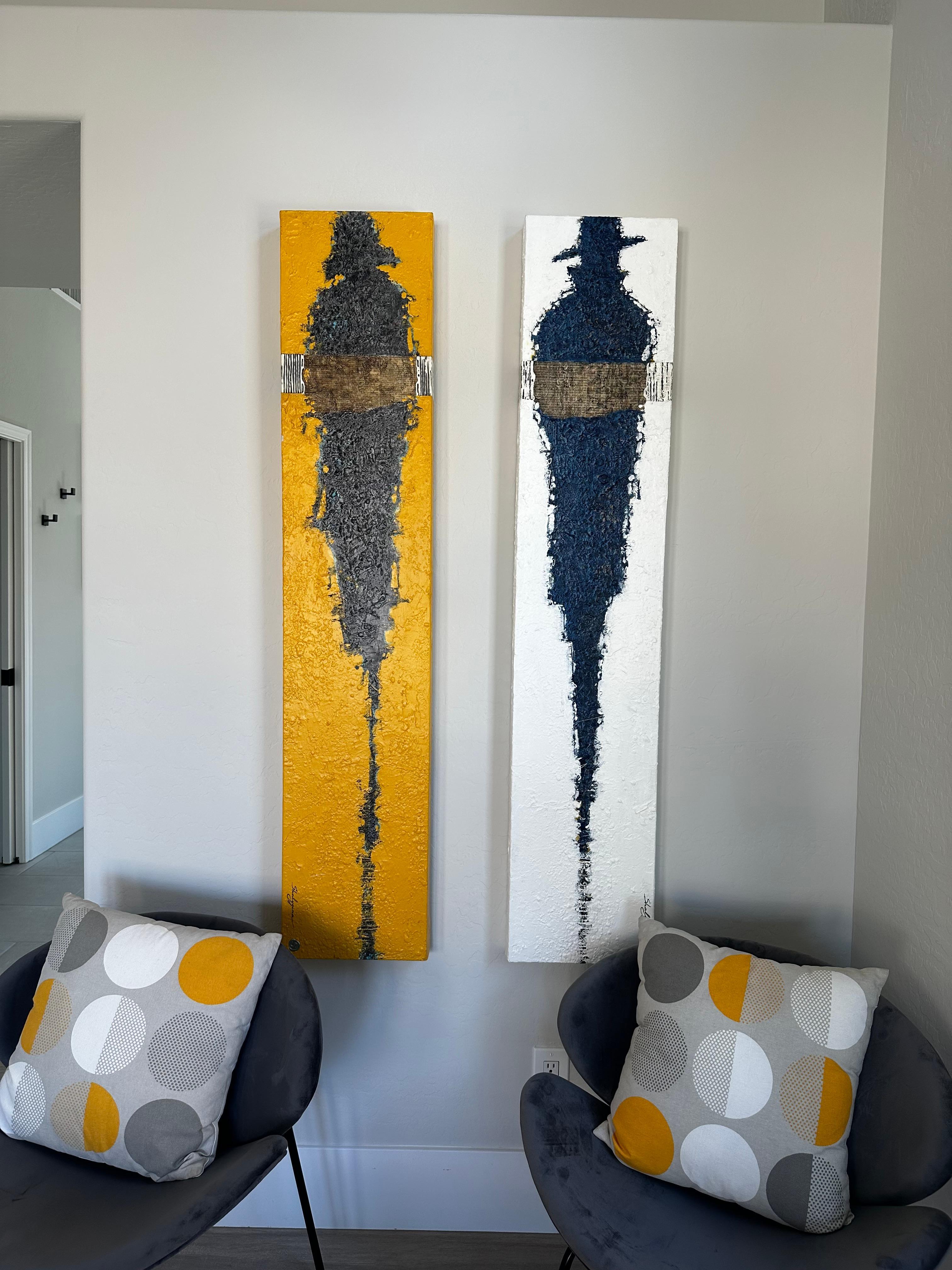 Tecnica mista, dittico. Astratto Figurativo originale con texture blu/bianco/giallo in vendita 1
