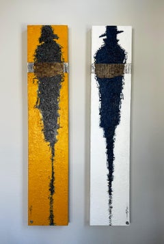 Tecnica mista, dittico. Astratto Figurativo originale con texture blu/bianco/giallo