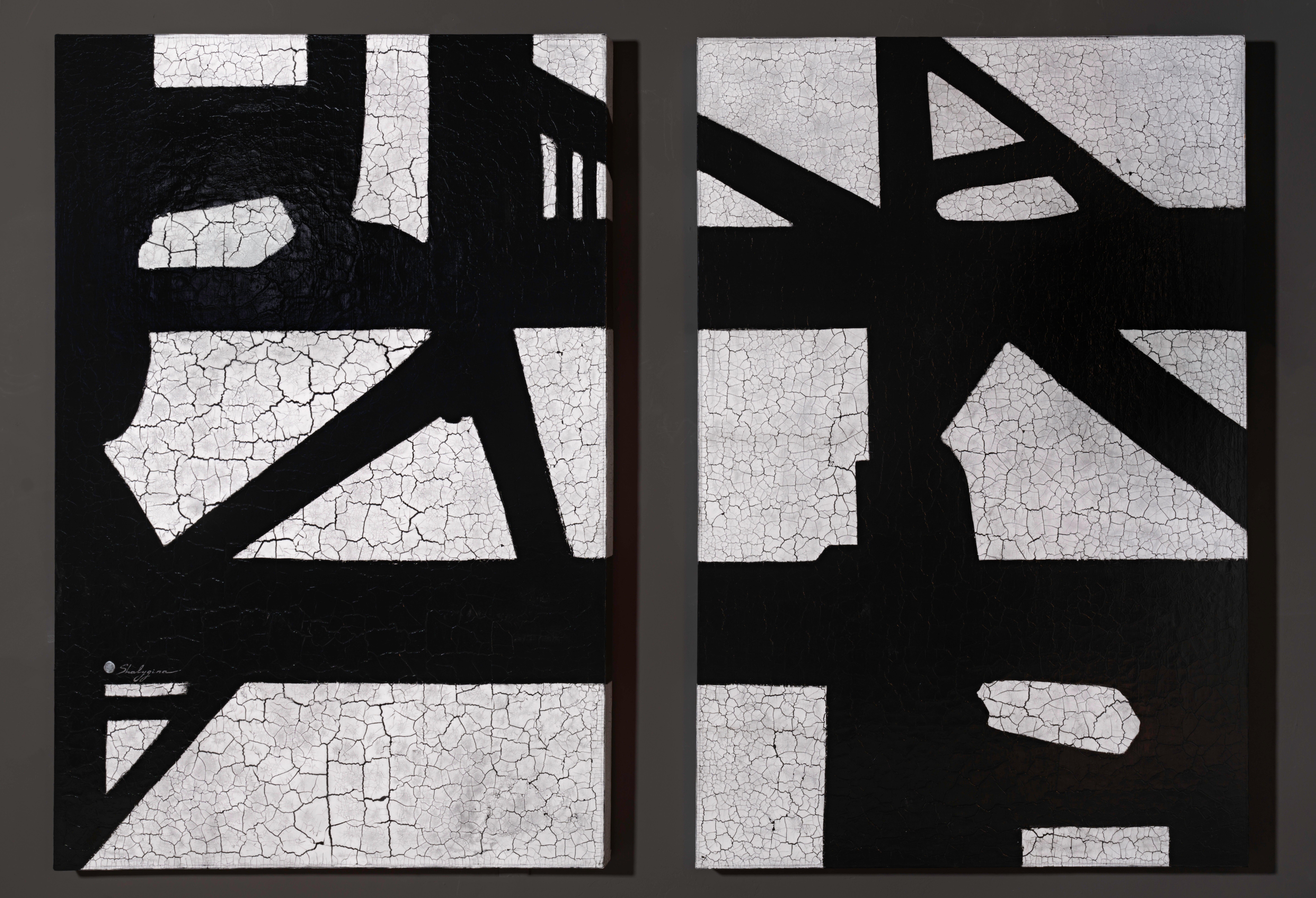 Diptyque contemporain minimaliste en noir et blanc texturé, inspiré de Franz Kline
