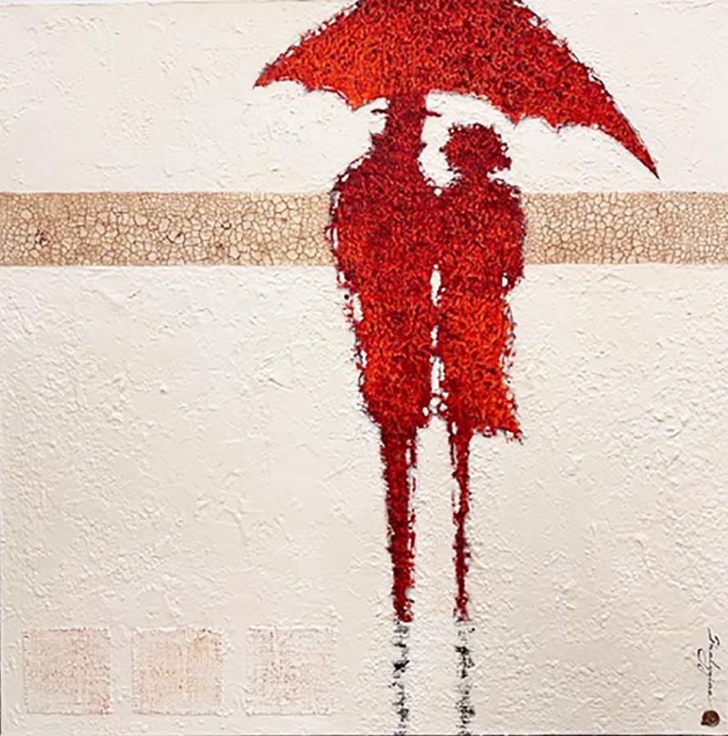 Svetlana Shalygina Figurative Painting - The Umbrellas de Cherbourg (original red & white abstract figurative)