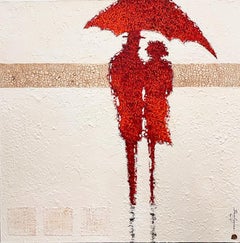 The Umbrellas de Cherbourg (abstrakte abstrakte figurative Malerei in Rot und Weiß)