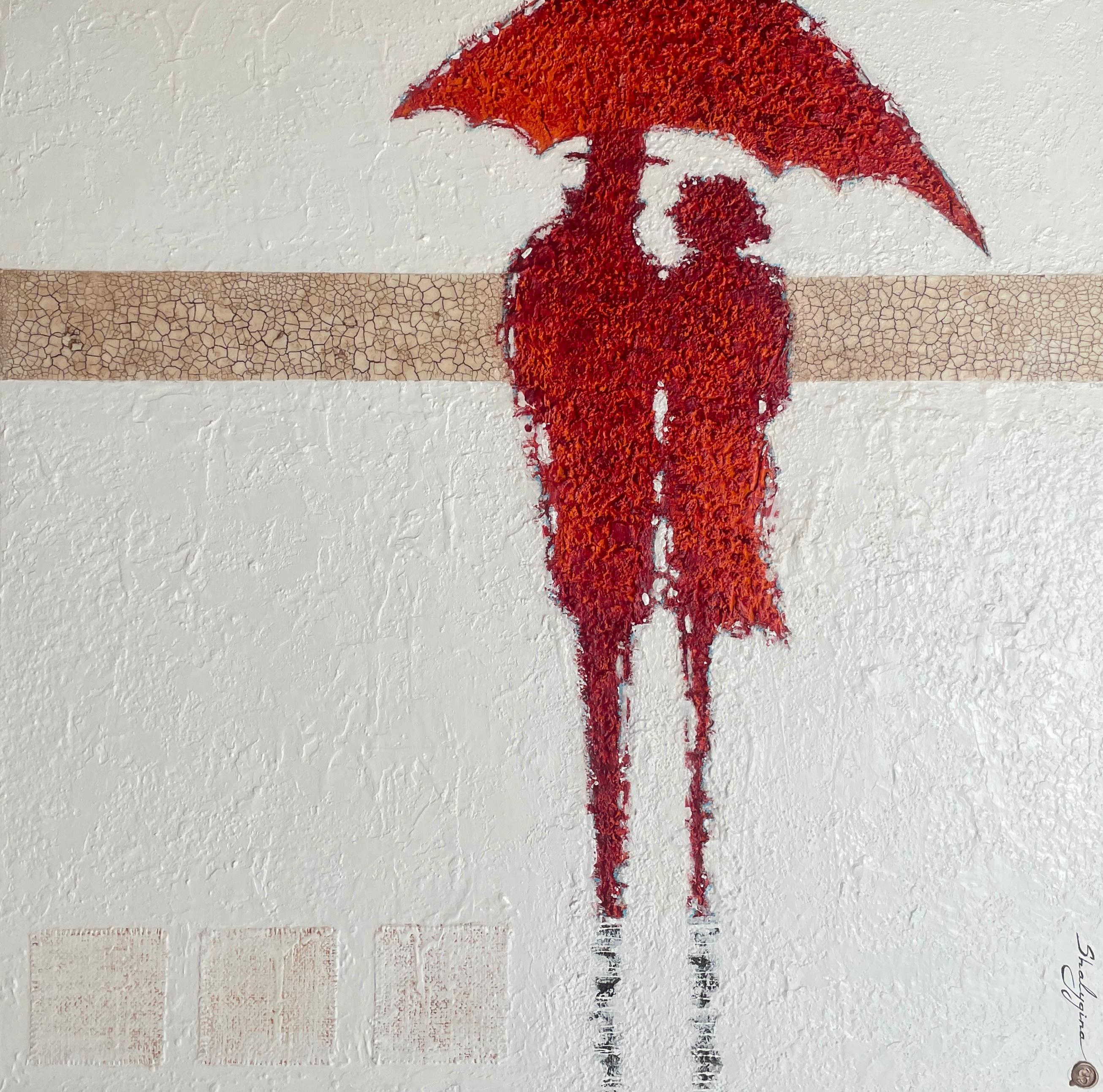 Two Red Abstract Figures Man Woman Umbrella White Texture Contemporary 40"x40"