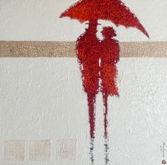 Two Red Abstract Figures Man Woman Umbrella White Texture Contemporary 40"x40"
