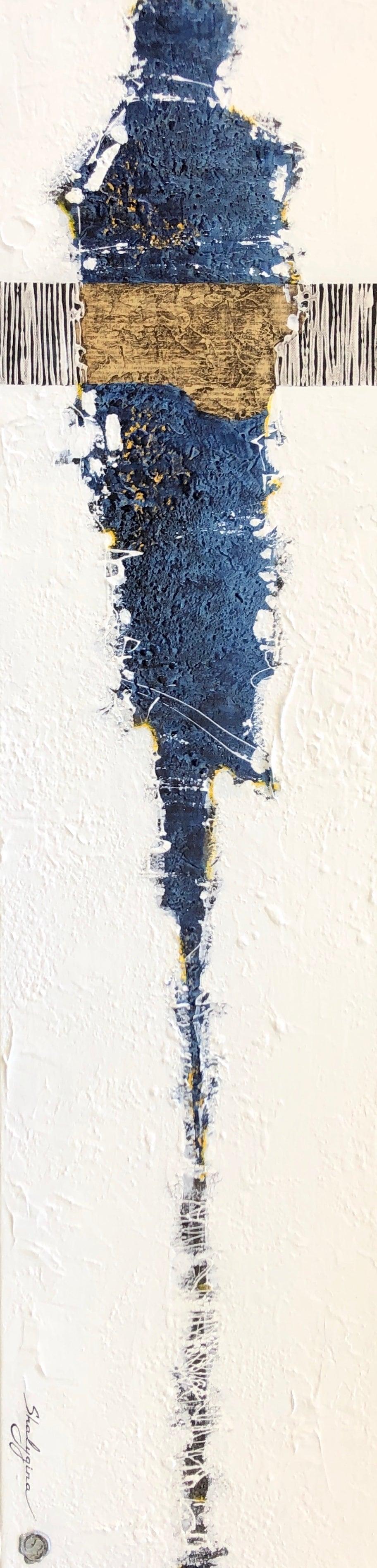 White Blue Tan Abstract Figure Textured Contemporary Mixed Media Painting 48x12