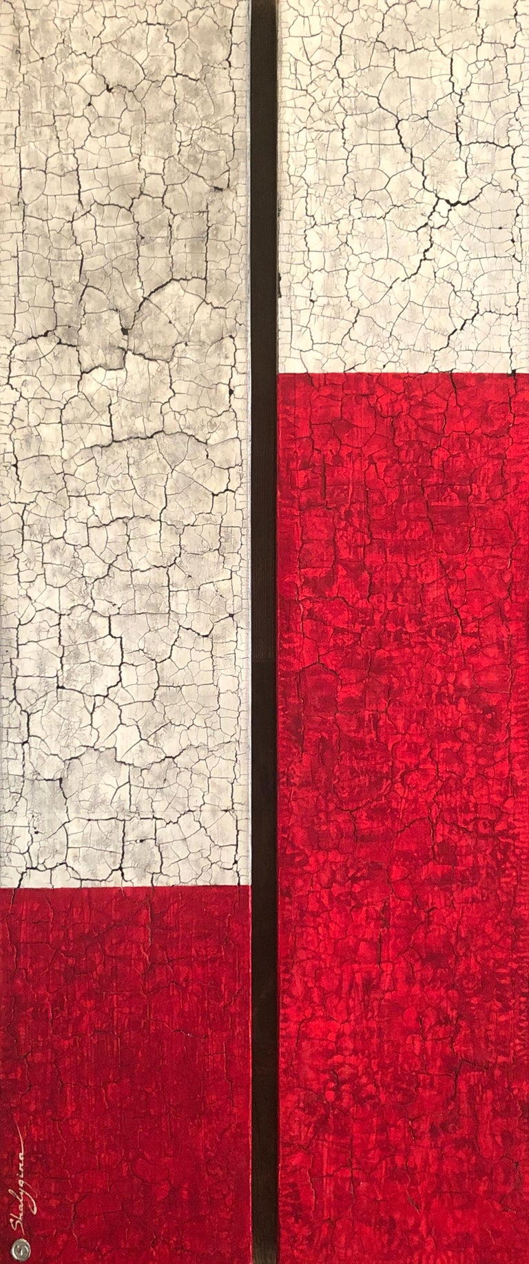 Svetlana Shalygina Abstract Painting - White Red Grey Original Minimalist Modern Contemporary Abstract  60x24 Diptych 