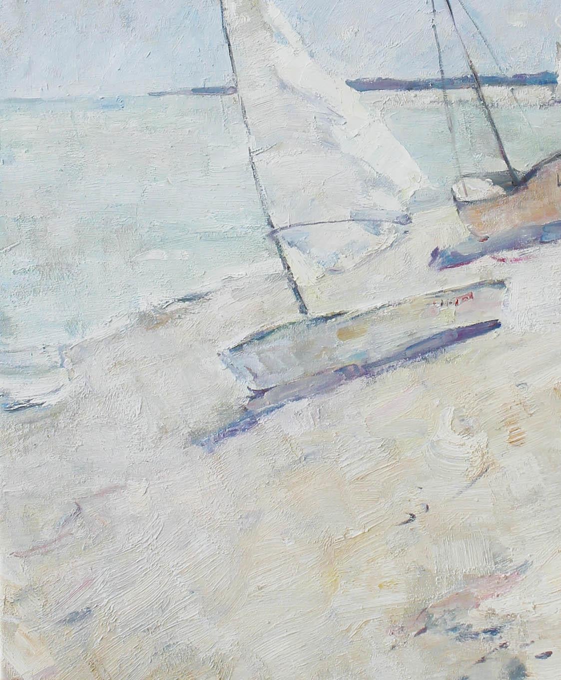 Sailboats  - Gray Landscape Painting by Svetlana Verbovskaya