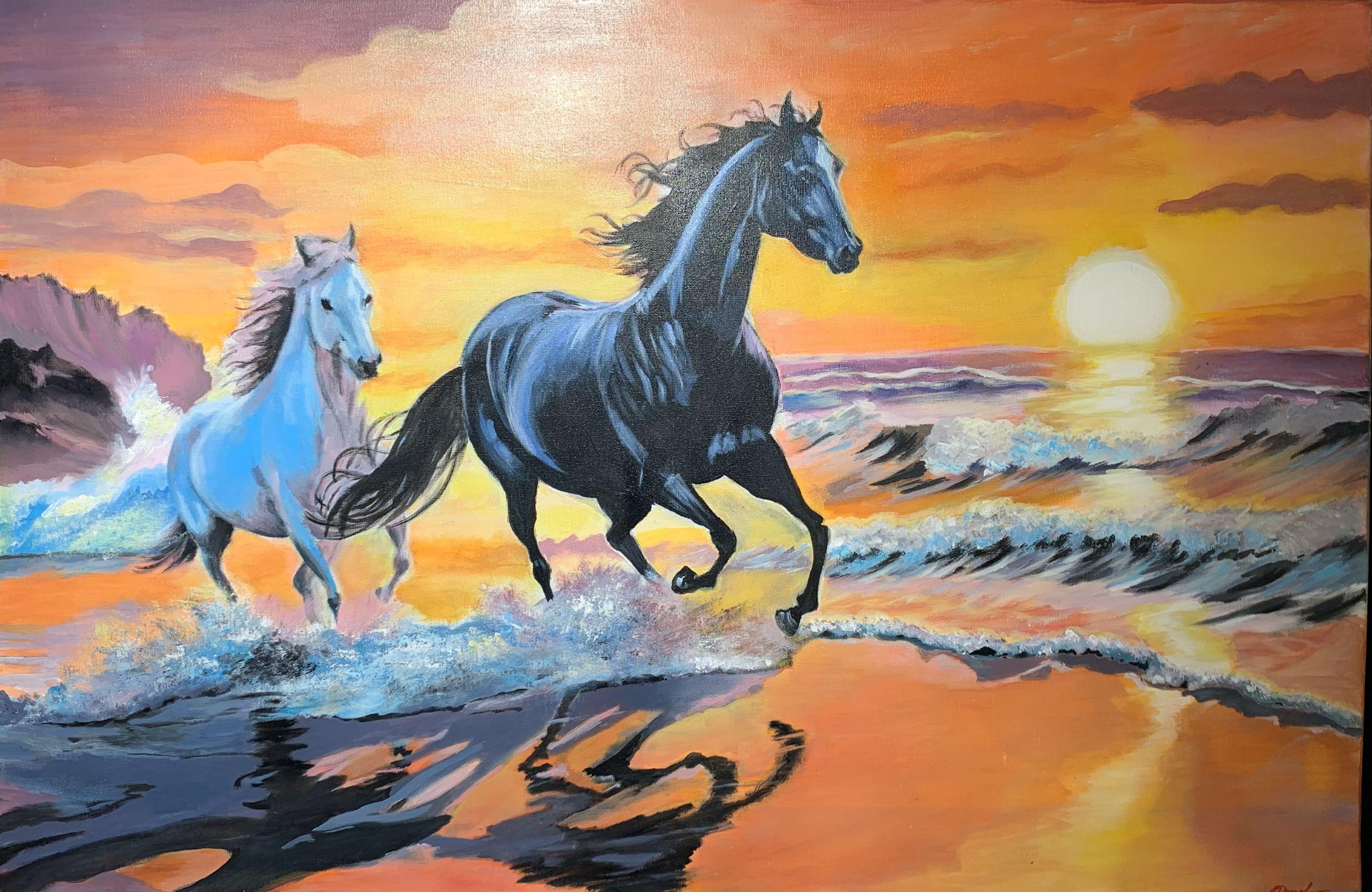 Svetlana Zhirnova Animal Painting - Caballos y mar