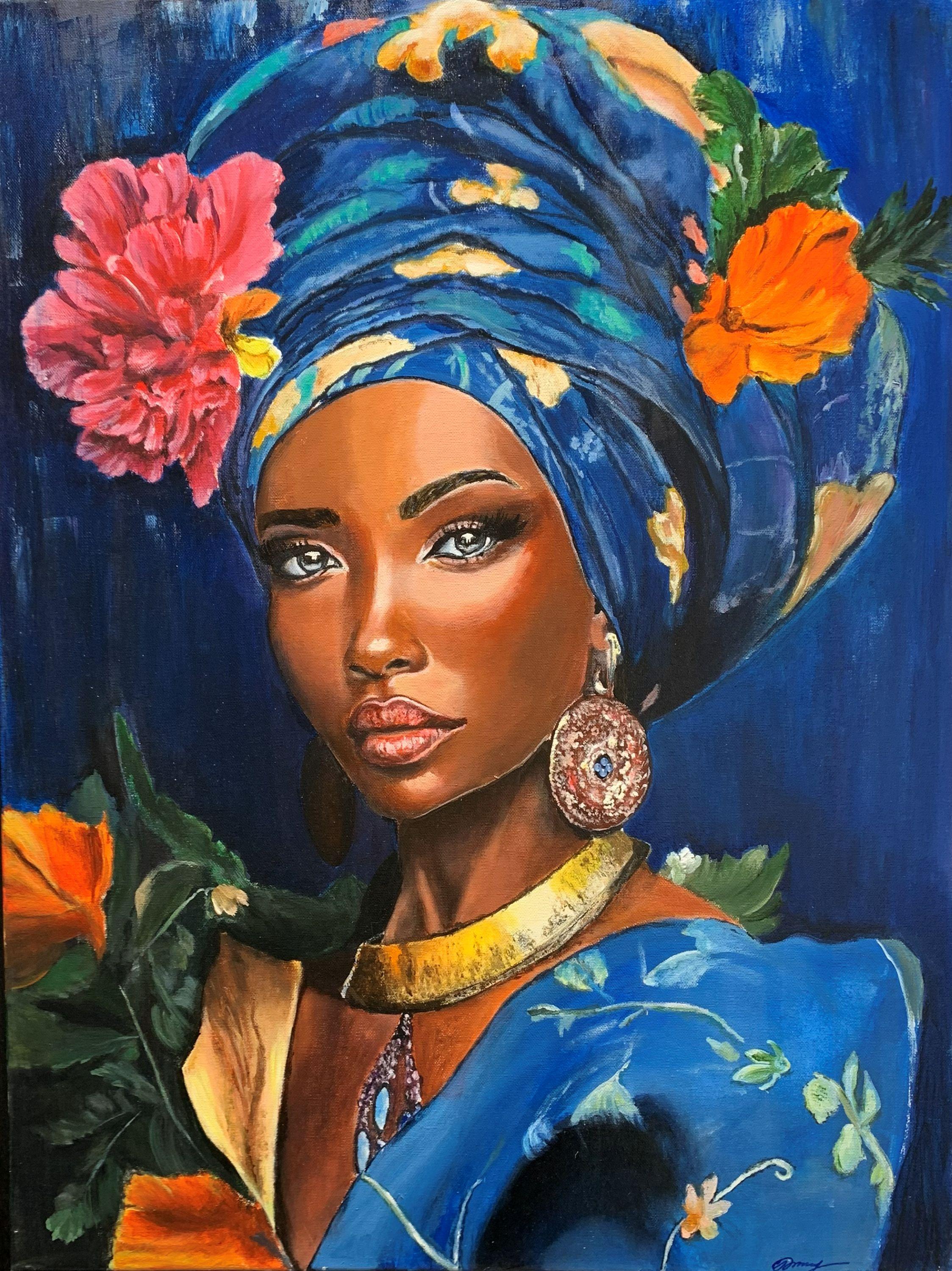 Svetlana Zhirnova Figurative Painting - Mujer negra floreada en azul