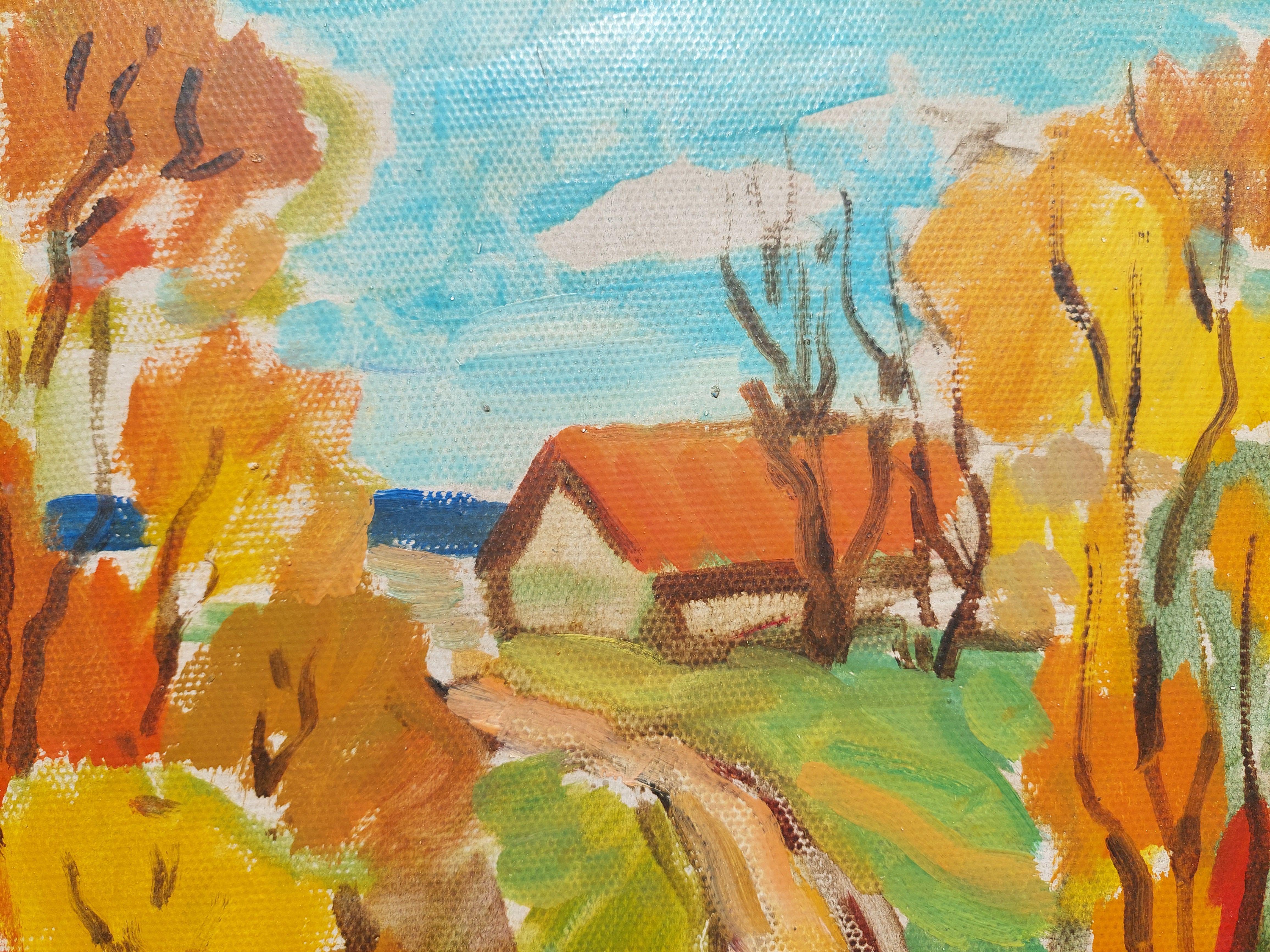 Paesaggio autunnale colorato. 1979, olio su cartone, 46, 5x60 cm - Painting Espressionista di Svirskis Vitolds 