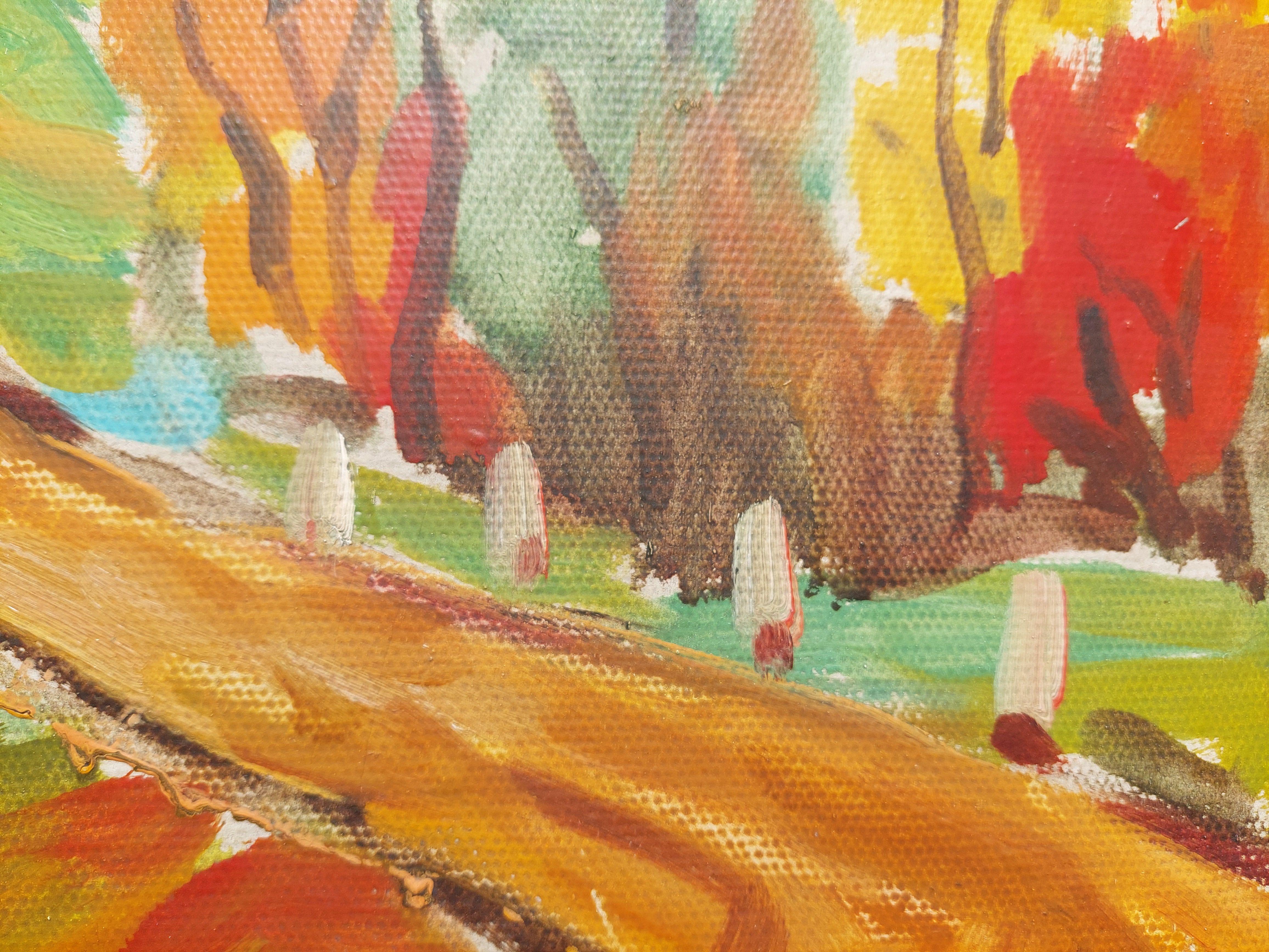 Colorful autumn landscape. 1979, oil on cardboard, 46, 5x60 cm - Expressionist Painting by Svirskis Vitolds 