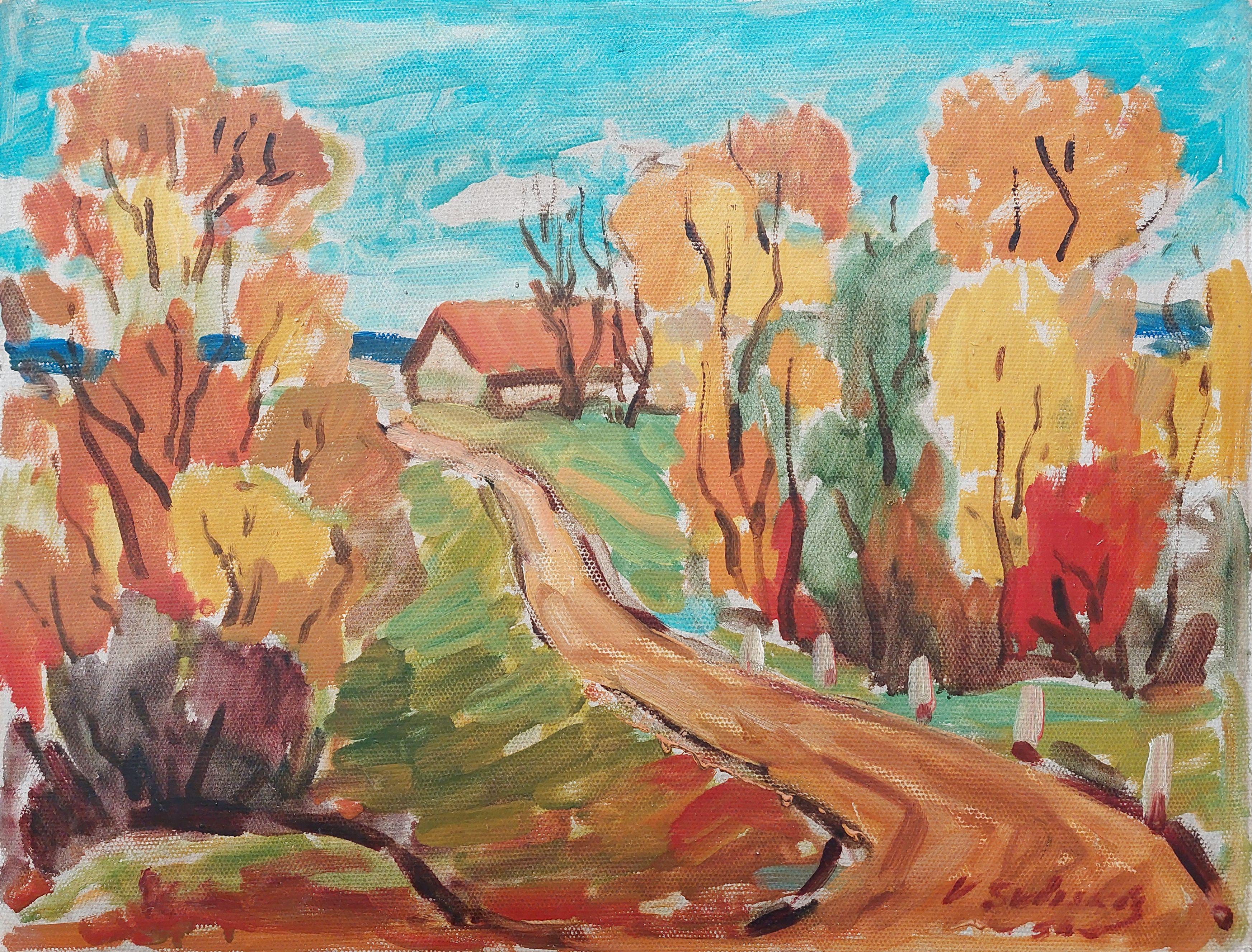 Svirskis Vitolds  Figurative Painting - Colorful autumn landscape. 1979, oil on cardboard, 46, 5x60 cm