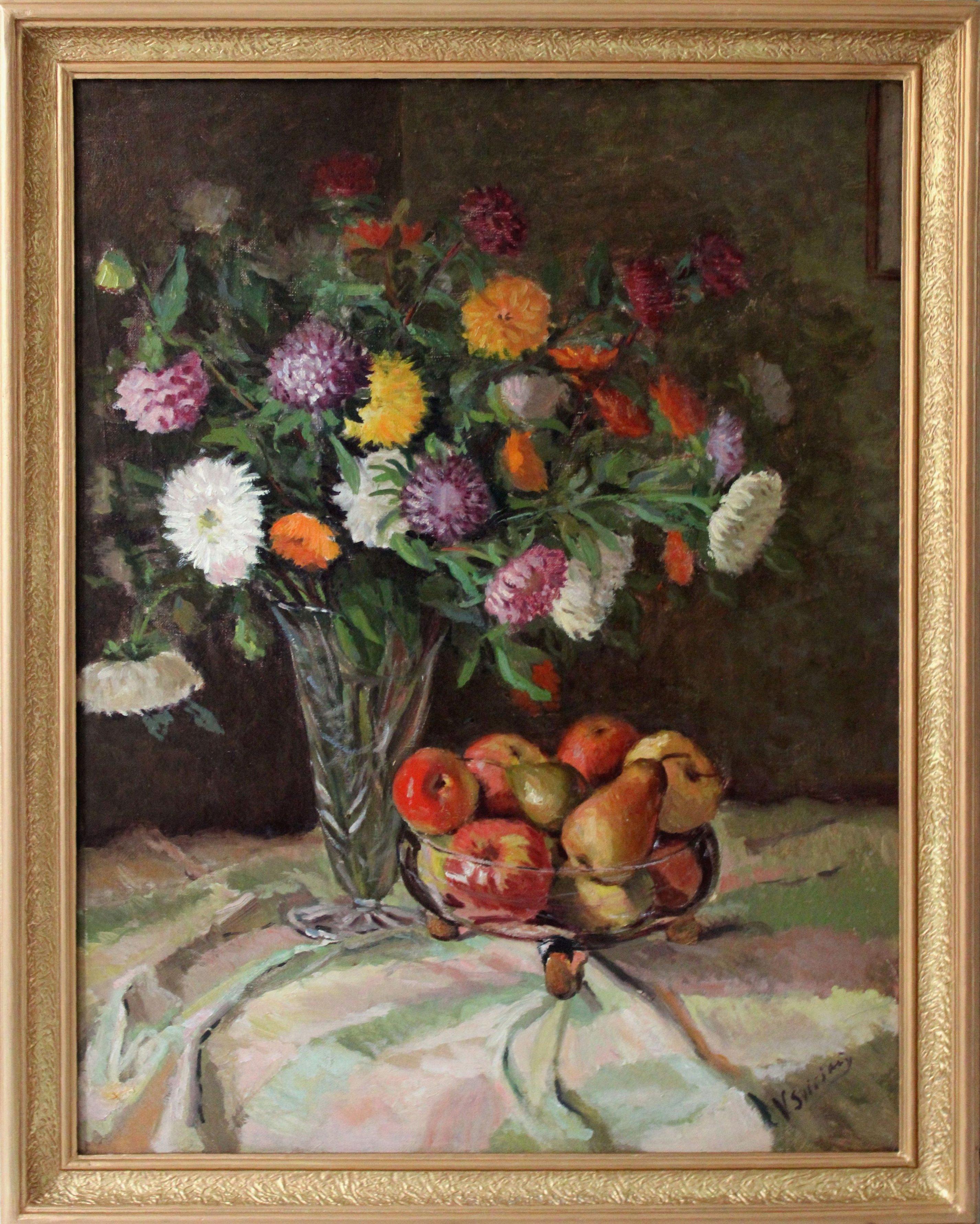 Still Life with flowers and fruits. Oil on canvas, 79, 5 x 61 cm - Painting by Svirskis Vitolds 