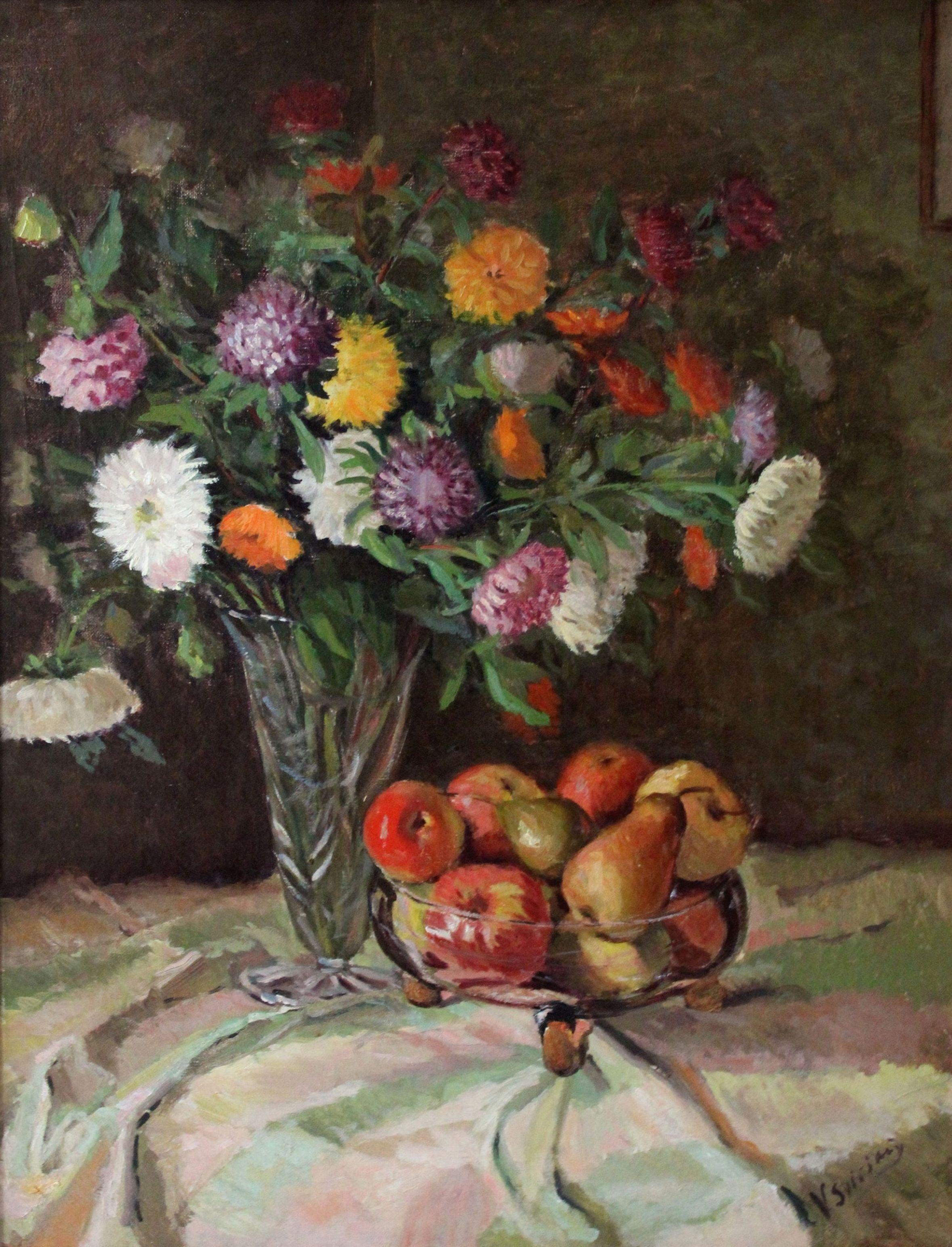 Svirskis Vitolds  Still-Life Painting - Still Life with flowers and fruits. Oil on canvas, 79, 5 x 61 cm