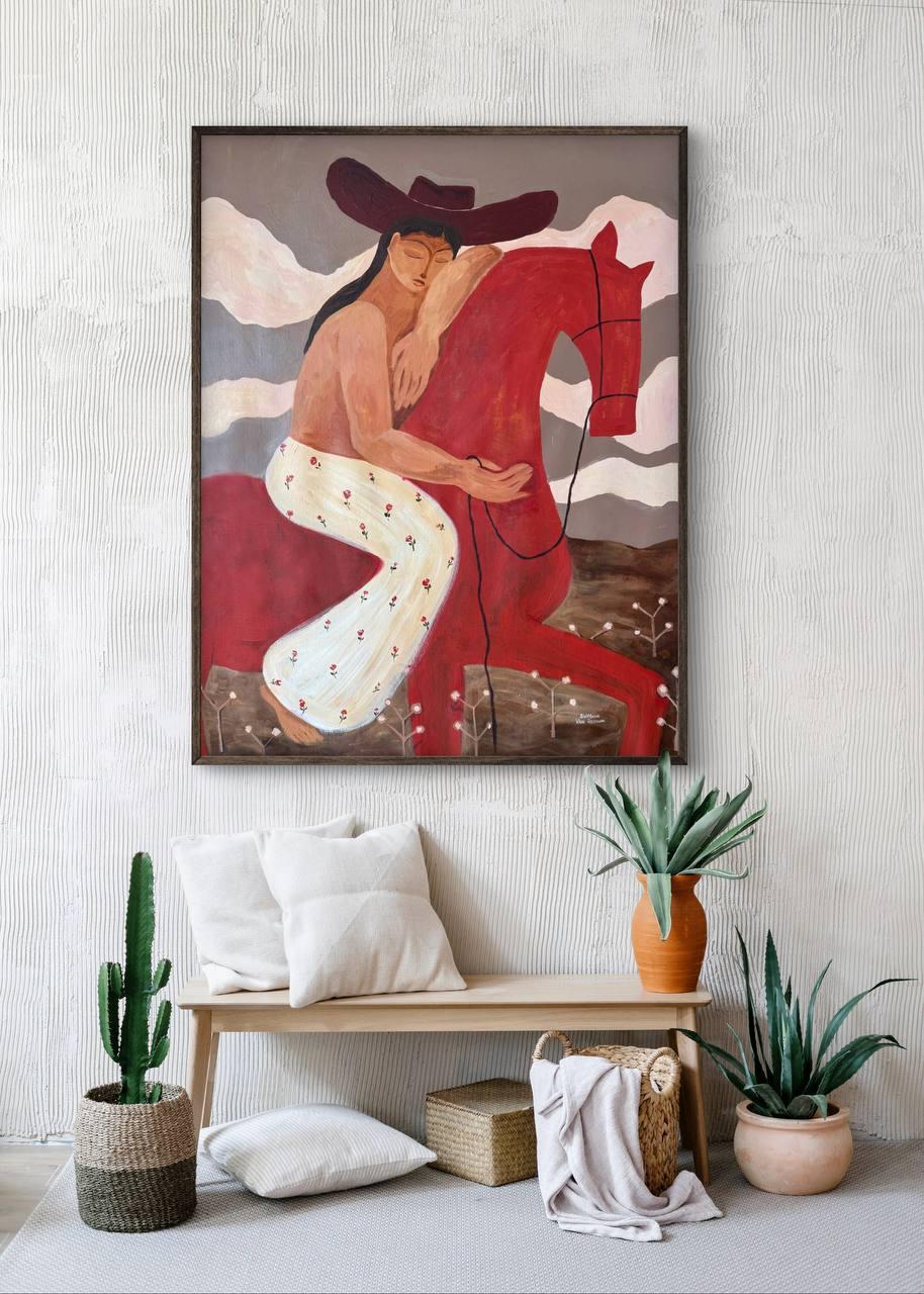 She is in Love ist das erste Werk der Serie Red Horse, die sich mit der sexuellen Energie als innerer Kraft und als Raum weiblicher Präsenz befasst und in deren Mittelpunkt eine Frau in einem Zustand träumerischen Vertrauens steht. Das rote Pferd