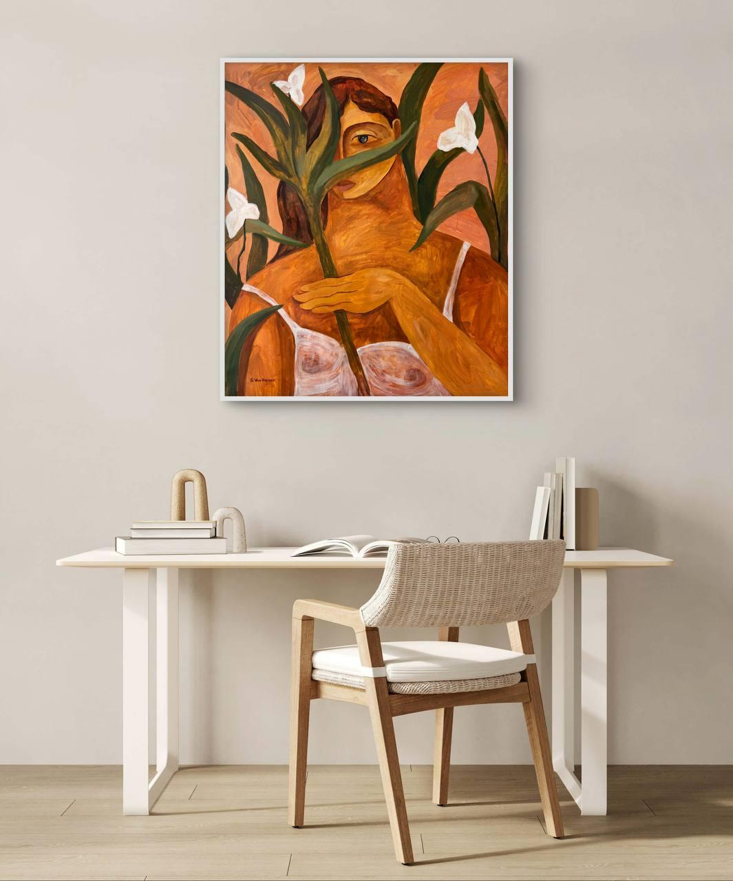 Der Eine, der sieht 
Dieses Werk ist Teil der Reihe Becoming.
Sie erforscht den Zustand der weiblichen Präsenz - ohne Rollen, ohne Spannung, ohne die Notwendigkeit, etwas zu beweisen.
Manchmal genügt ein leichter Flirt - nicht als Spiel, sondern als